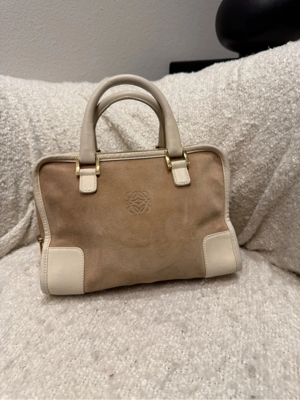 Loewe Amazona Vintage Beige Suede Satchel with Cream Leather Trim